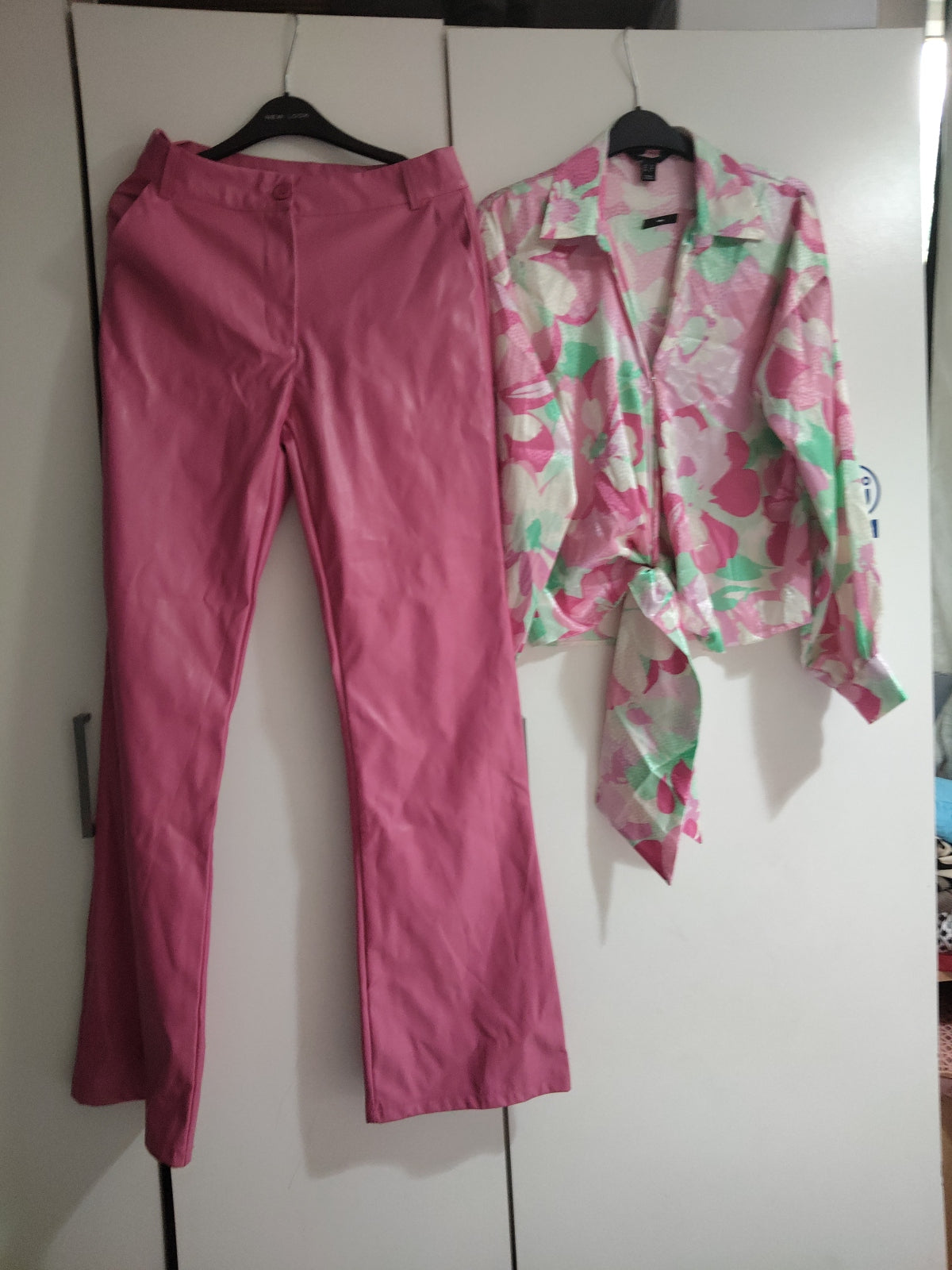 Leather fuschia pink two pie trouser and top