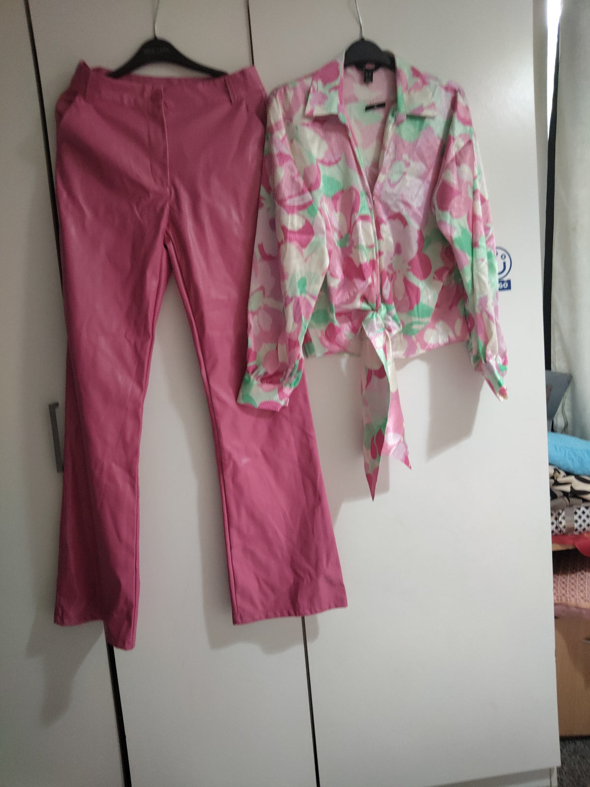 Leather fuschia pink two pie trouser and top