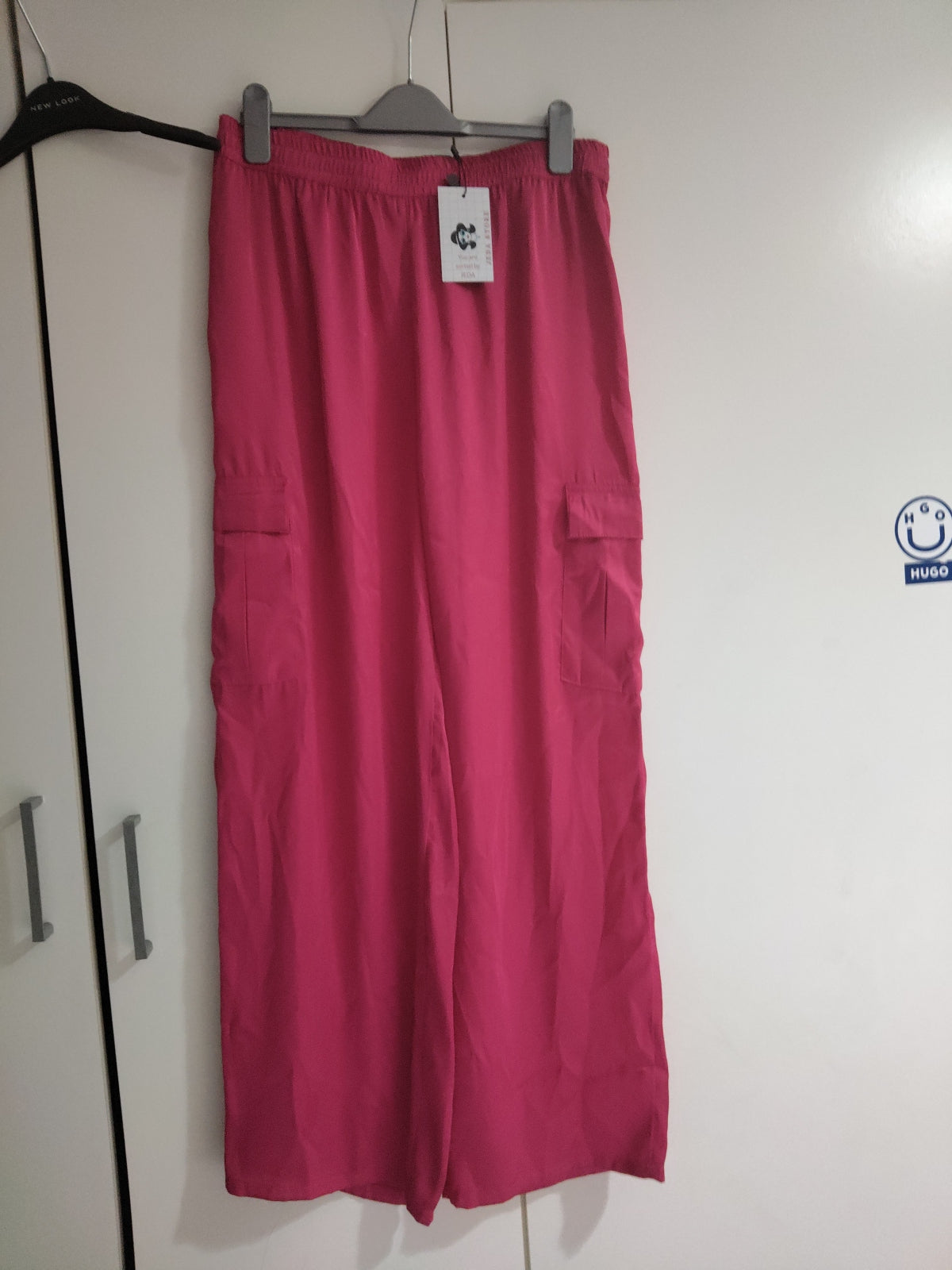 Women silky cargo fuschia pink trouser